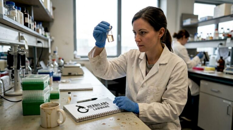 Scientist inspecting reagent vial in busy lab