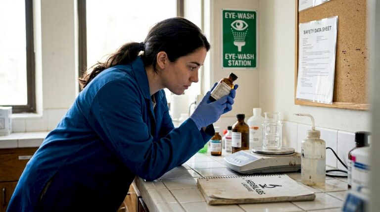 Technician reading reagent label in busy lab