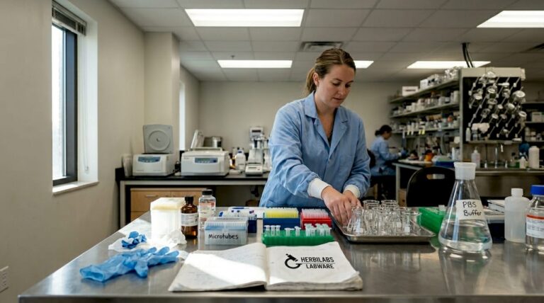 Lab technician organizes key lab consumables