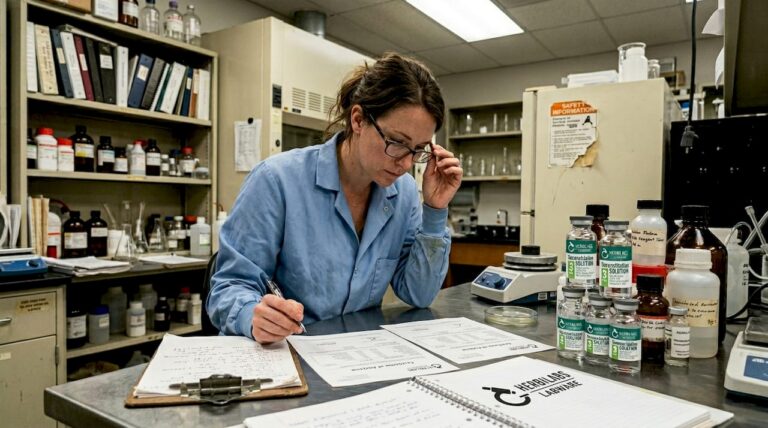 Technician reviewing certificates amid lab supplies