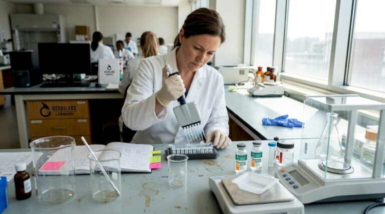 Scientist pipetting peptide solution in laboratory