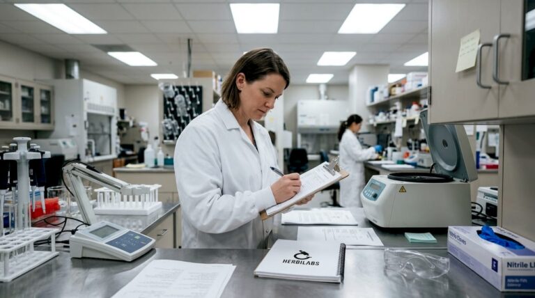 Lab technician logging quality control results