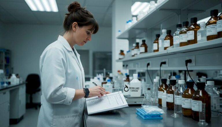 Laboratory scientist checking reagent bottles