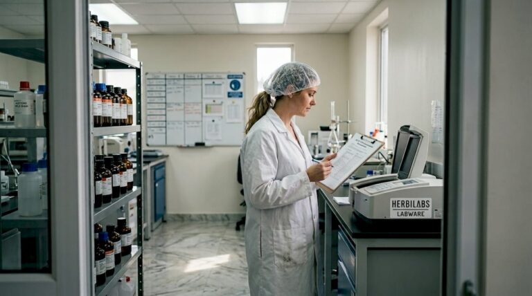 Lab technician reviews quality framework clipboard