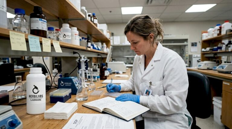 Scientist logging quality control steps in lab