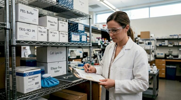 Lab manager checking reagent inventory on shelves