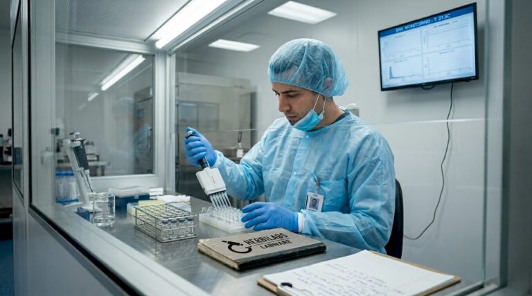Lab technician pipetting inside glass-walled aseptic lab