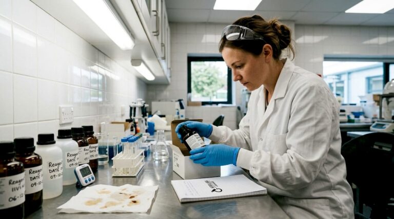 Lab technician checks reagent bottles for QC