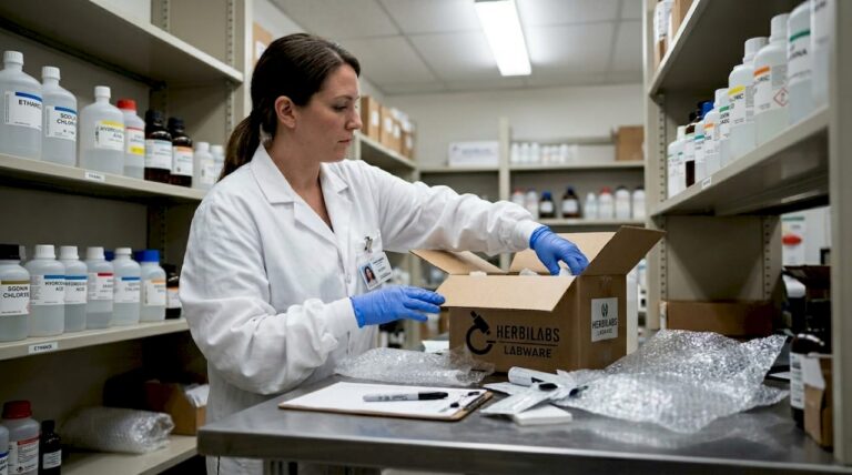 Lab technician unpacking reagent delivery in storeroom