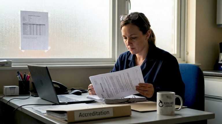 Lab manager reviews ISO compliance paperwork