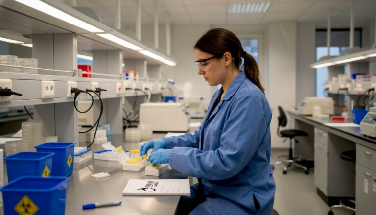 Technician organizing lab consumables on cluttered bench
