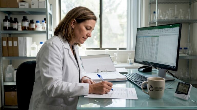 Lab manager marking a printed QC checklist