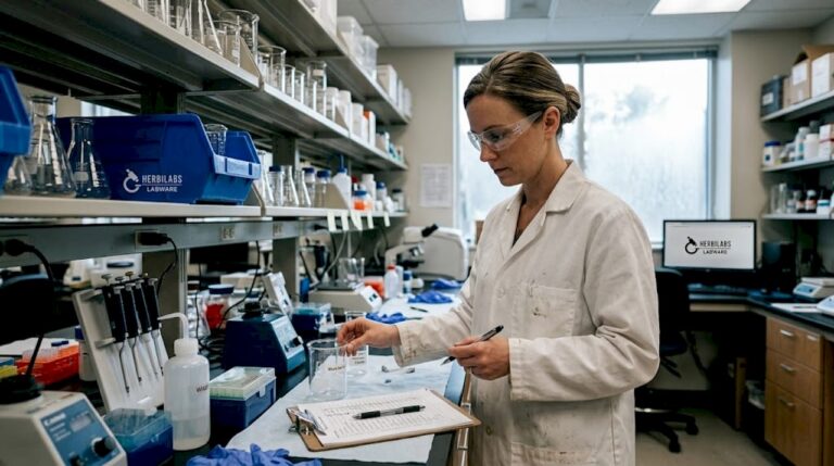 Lab manager checking equipment checklist in laboratory