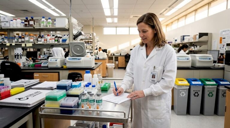 Lab manager checks items on consumables cart