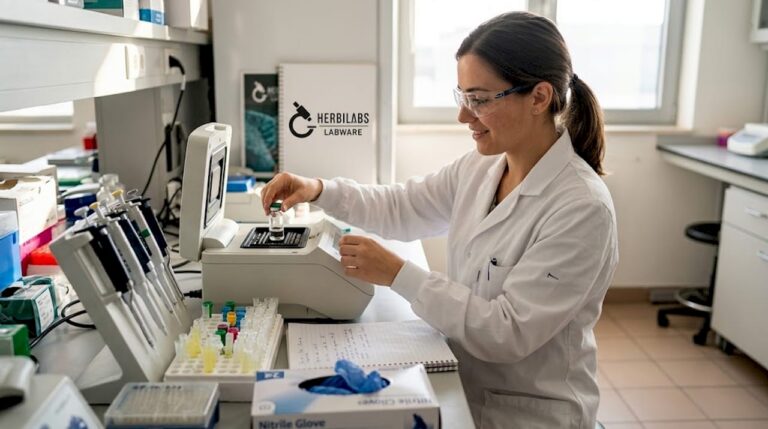 Technician loading sample in biotech lab