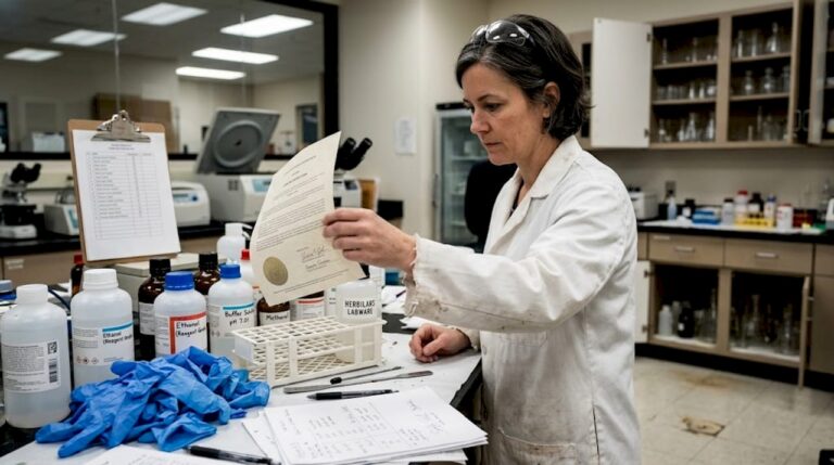 Lab supervisor reviewing certification documents