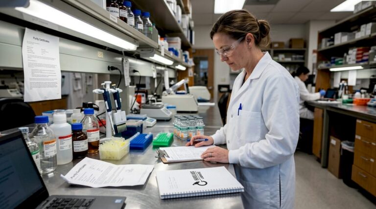 Lab scientist checking purity assay results