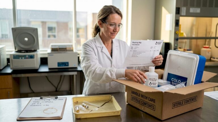 Technician unpacking lab supply delivery