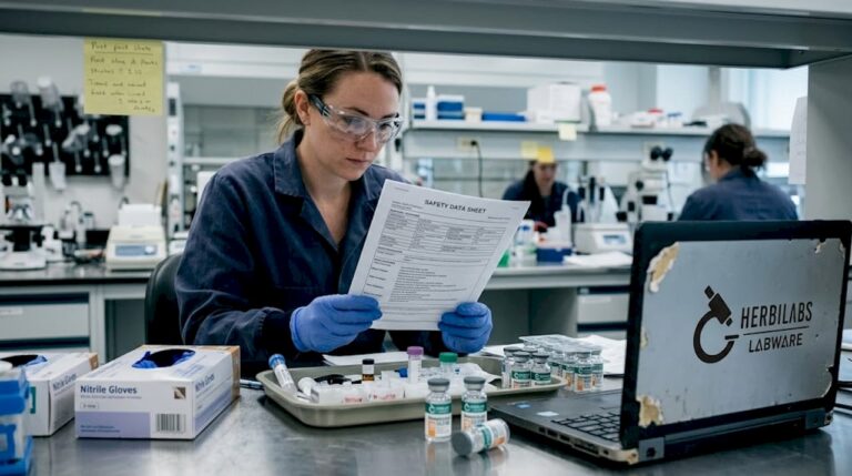 Lab technician studying laboratory safety data sheet