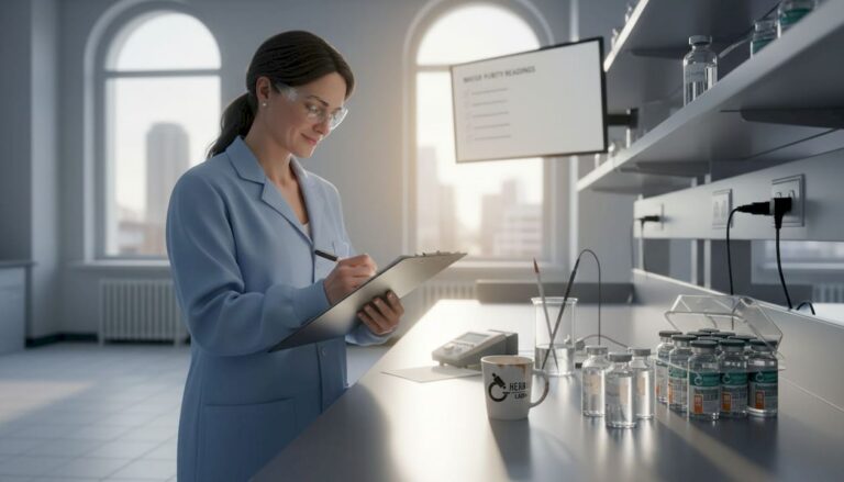 Lab technician recording water quality data
