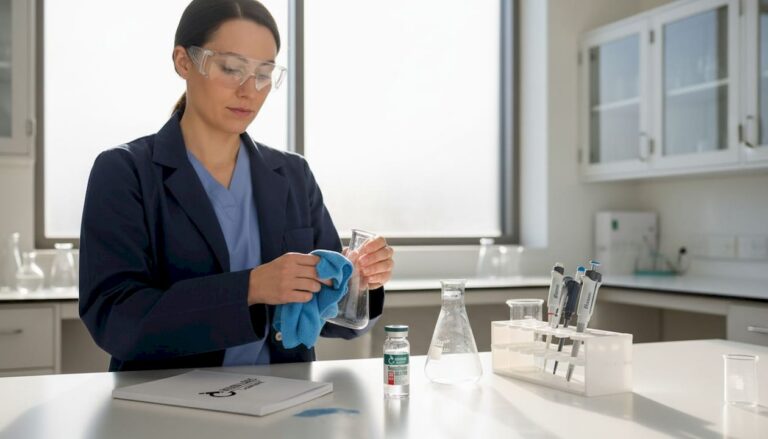 Lab technician checks clean glass labware at workbench