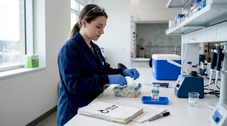 Lab technician sorting pipette tips at workbench