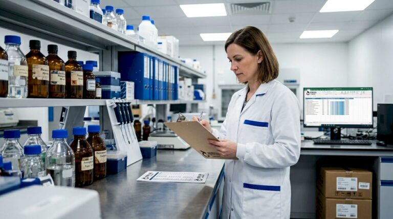 Scientist checking inventory in laboratory workspace