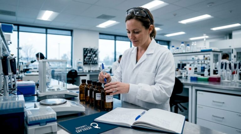 Technician labeling bottles at lab bench