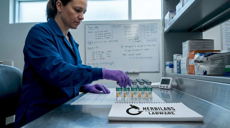 Technician sorting sterile water vials in laboratory