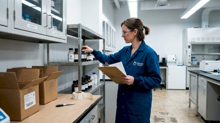 Lab technician restocking organized storage shelves