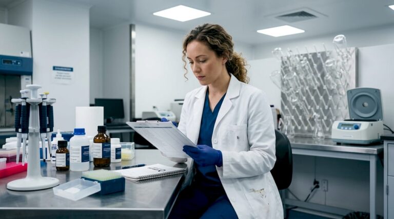 Lab technician reviewing supplies checklist