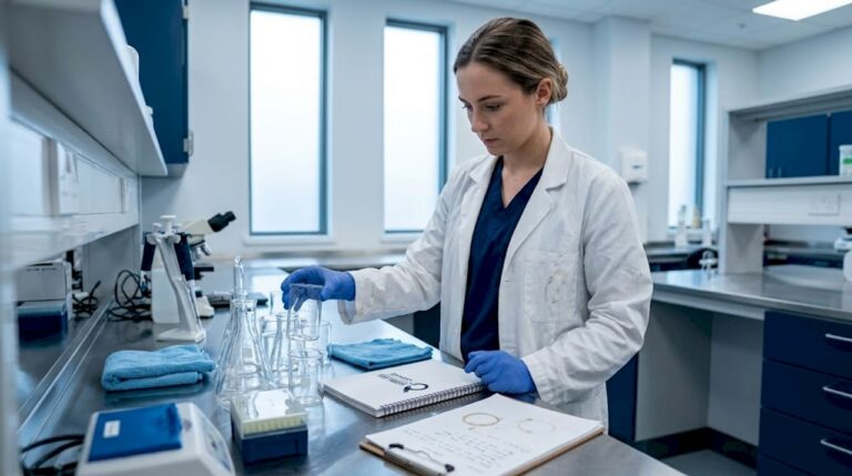 Lab technician examining clean glass beakers
