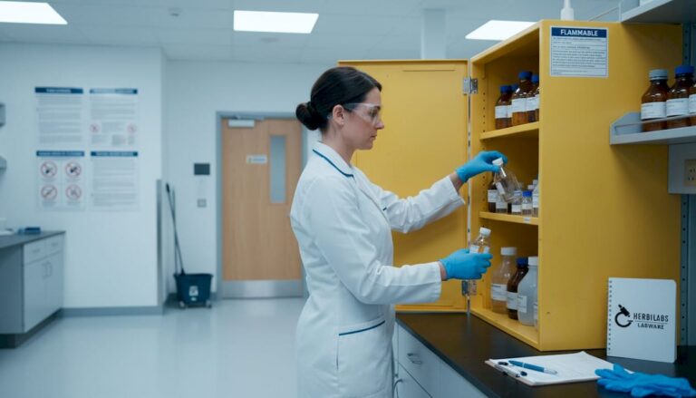 Lab technician storing chemicals in safety cabinet