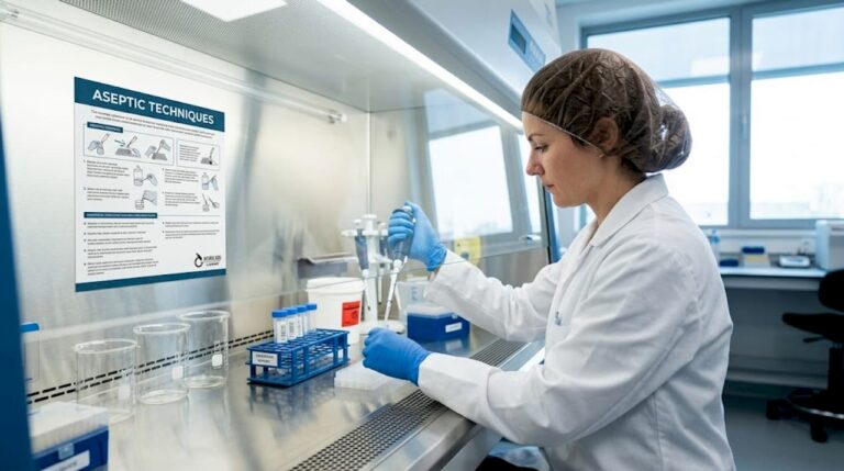 Lab technician ensuring sterile workspace procedures