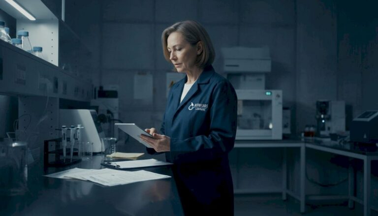 Scientist reviews lab calibration certificates