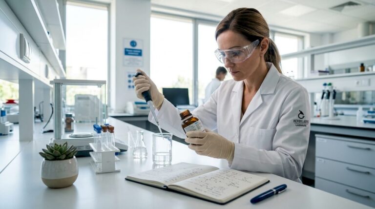 Lab scientist verifying reagent grade label