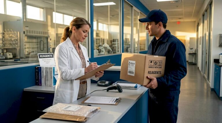 Lab manager receiving delivery from courier