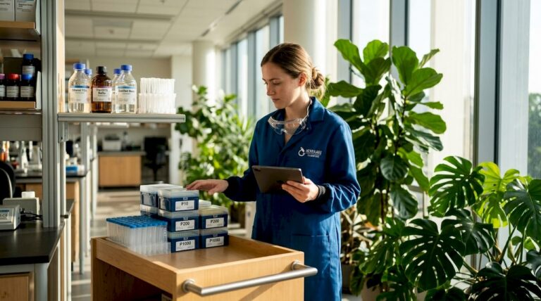 Researcher checking lab consumables inventory