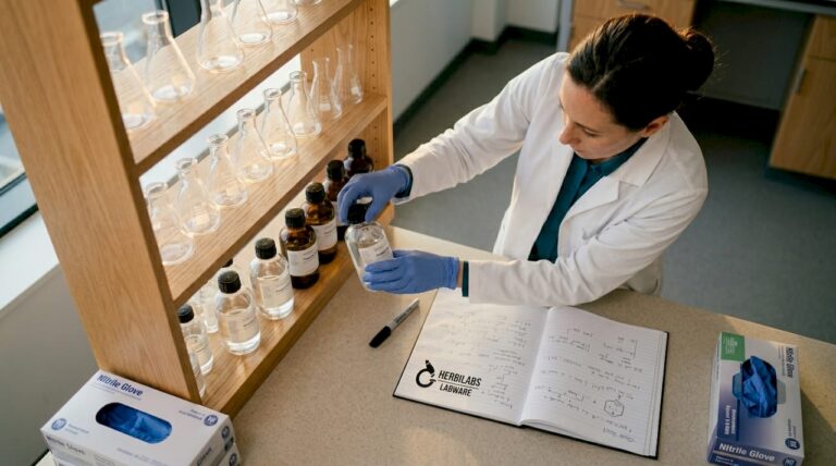 Scientist arranging reagent bottles in lab
