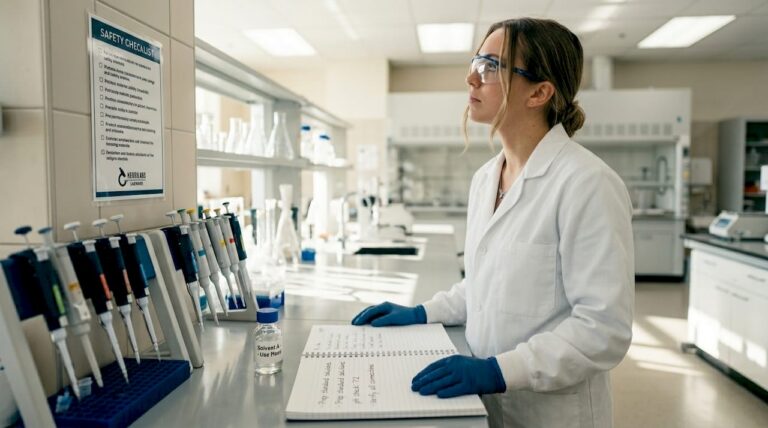 Researcher checks safety checklist at lab bench