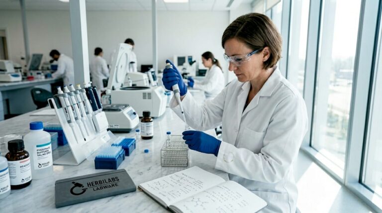 Scientist pipetting sterile diluent in lab cabinet