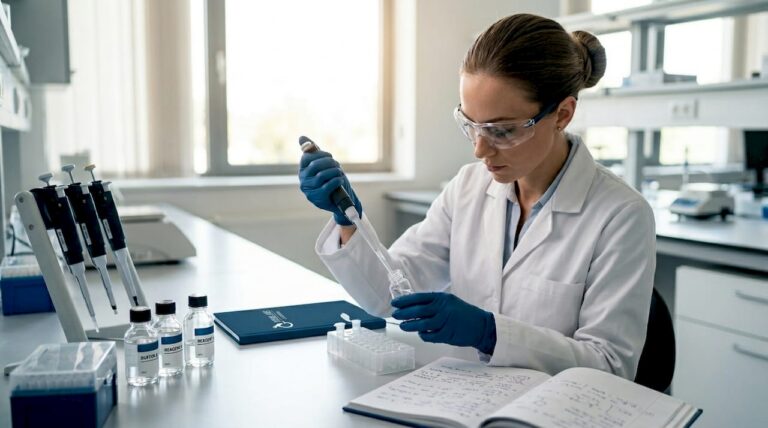 Lab technician transferring peptide solution in lab