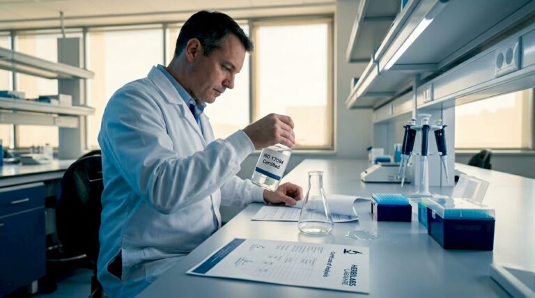 Lab technician handling certified reagent container