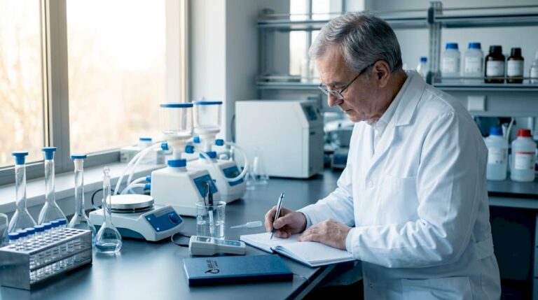 Scientist recording water purity in laboratory