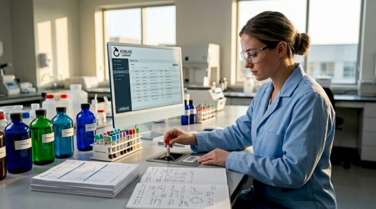 Lab technician checks sample integrity workflow
