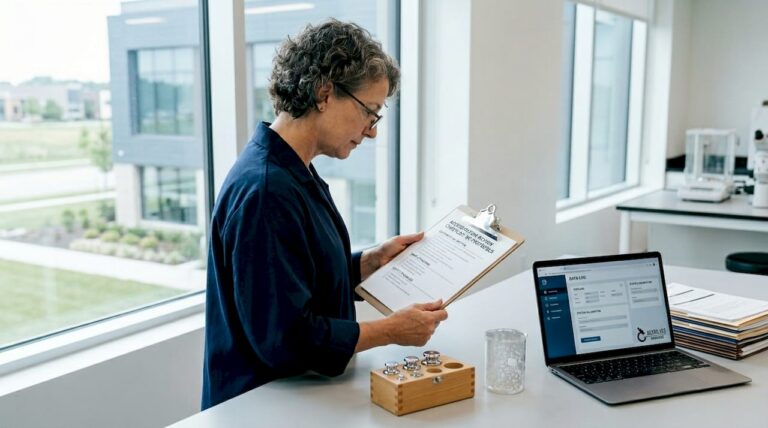 Lab manager reviewing accreditation checklist at bench