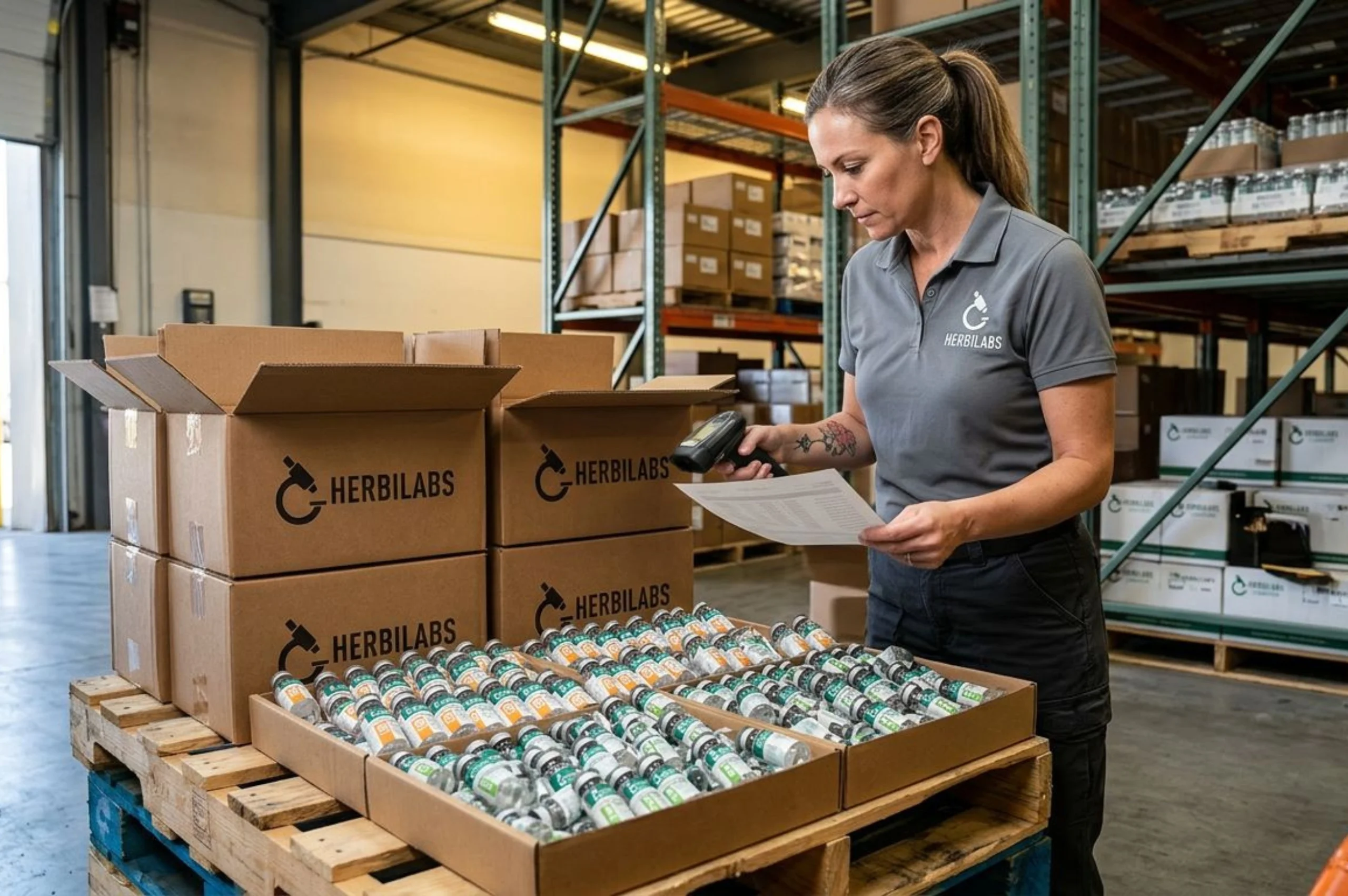 HerbiLabs female warehouse manager scanning barcode on pallet of branded shipping boxes filled with bacteriostatic water vials at loading dock