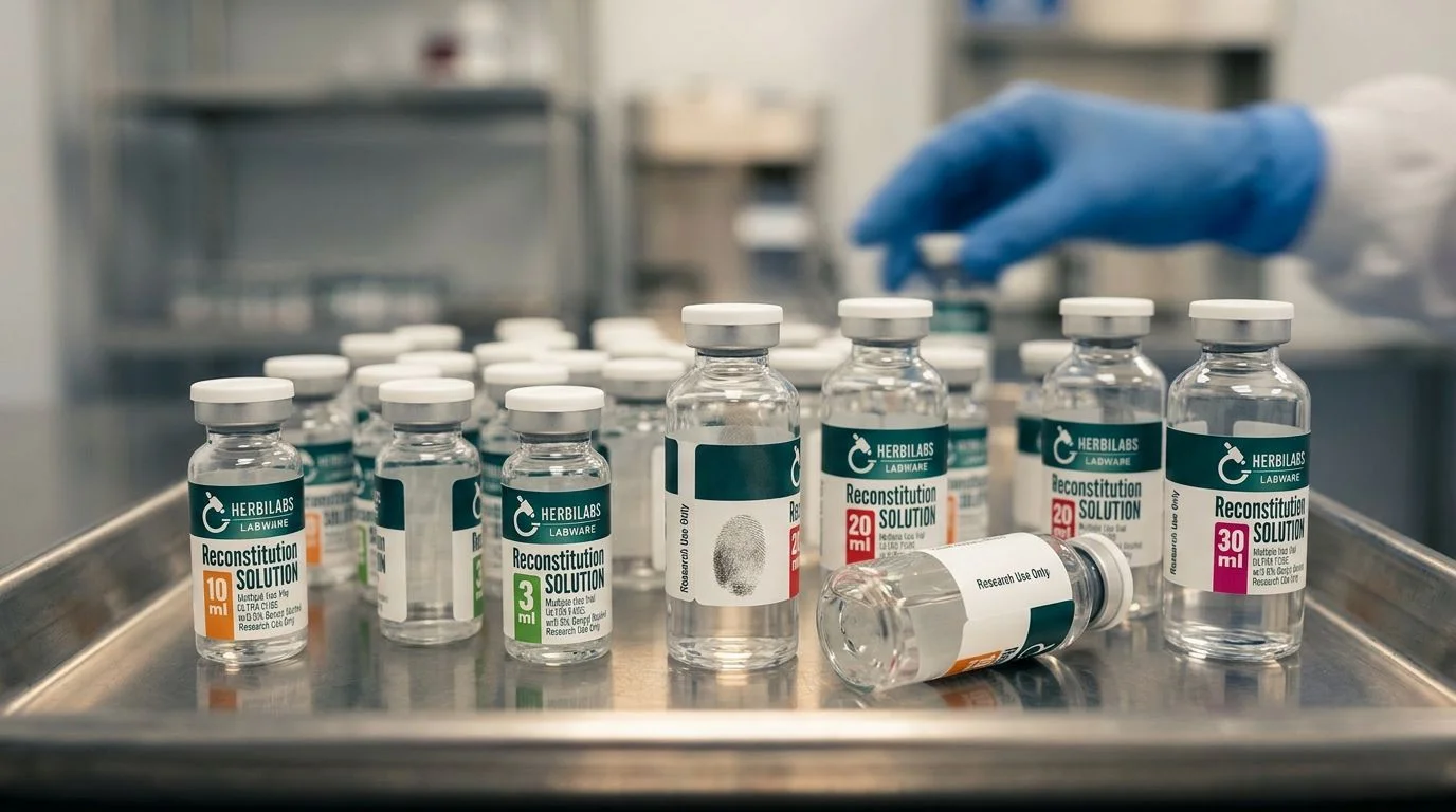 HerbiLabs Labware reconstitution solution vials in multiple sizes on stainless steel tray, research use only labels, blue gloved hand