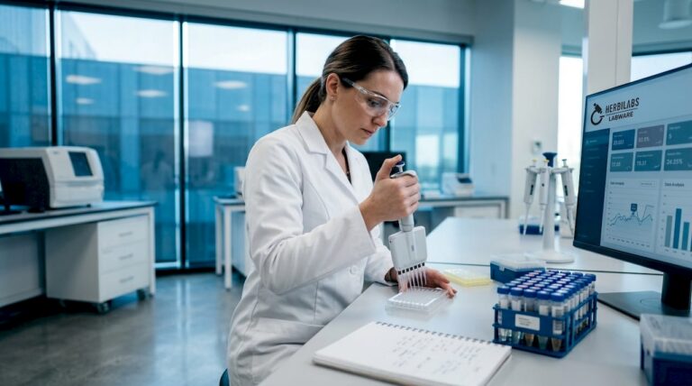 Lab technician performing batch testing in lab