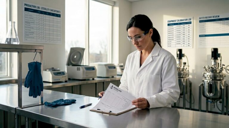 Pharma professional reviewing GMP batch record in lab